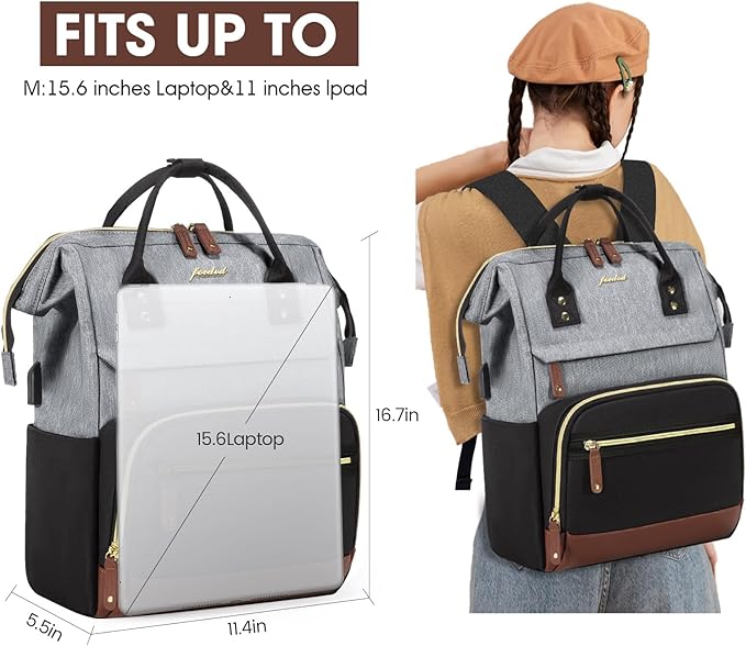 Focdod Laptop Backpack 15.6 Inch Professional Womens Purse Computer Bag Nurse Teacher Backpack Waterproof College Work Bags Carry on Travel Back Pack with USB Port, Black-Grey-Brown