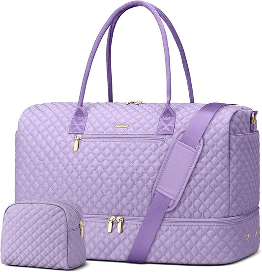 Travel Weekender Duffle Bags for Women - Large Carry On Bag with Shoe Compartment Overnight Bag with Toiletry Bag Duffel Bags with Wet Pocket for Gym Hospital Bags for Labor and Delivery Light Purple