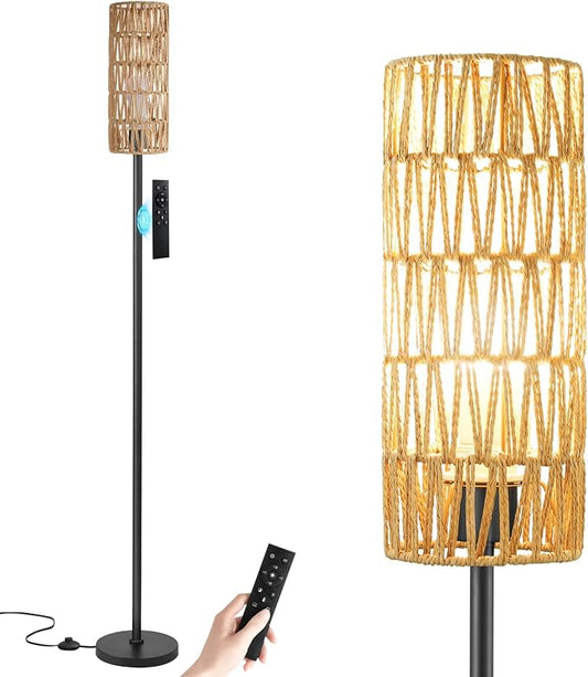 64'' Floor Lamps for Living Room with Remote Control and Stepless Dimmable Colors Temperature & Brightness, Boho Black Standing Lamp with Beige Rattan Shade