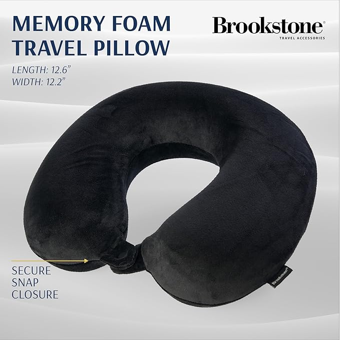 Brookstone Travel Neck Pillow - Lightweight Fleece Casing U-Shaped Stuffable Memory Foam Travel Pillow for Sleeping and Neck Support, Black