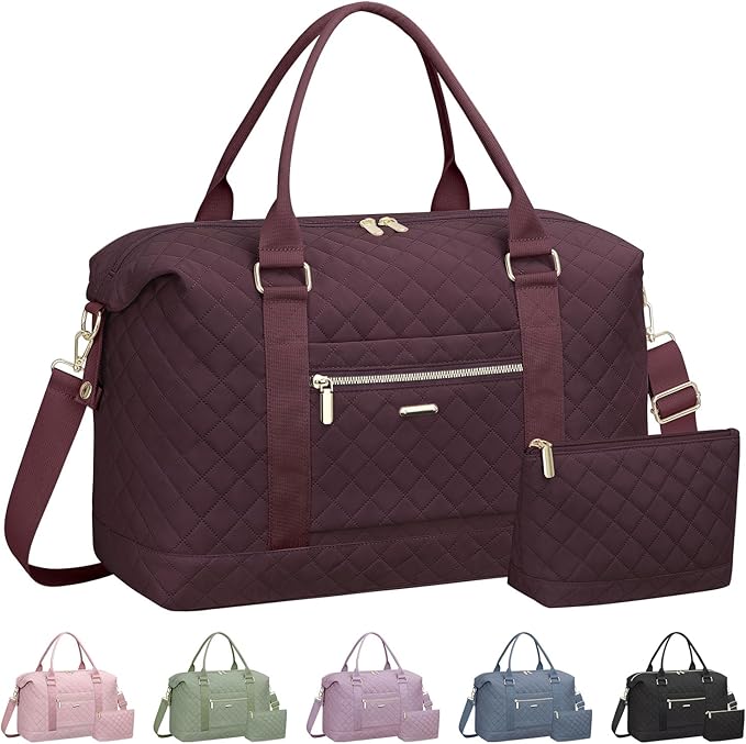 Quilted Travel Duffle Bag for Travel Women with Toiletry Bag, Large Weekender Bags for Women Carry on Duffel Overnight Bag, Waterproof Travel Tote Bags for Sports, Weekender, Business, Red