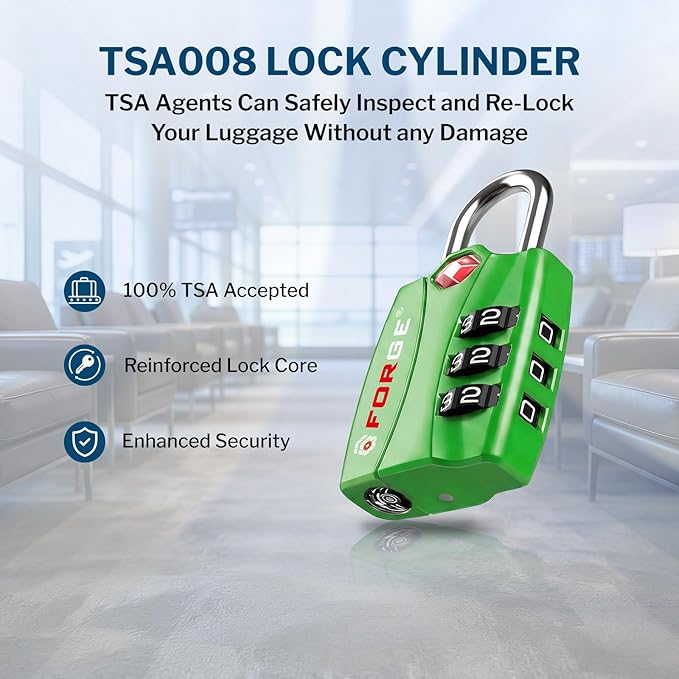 Forge Open Alert TSA Approved Luggage Locks - 3 Digit Combination, Easy Read Dials, Zinc Alloy Body - Ideal Travel Lock for Luggage, Suitcases, Bags & Toolboxes (Green 2 Locks)