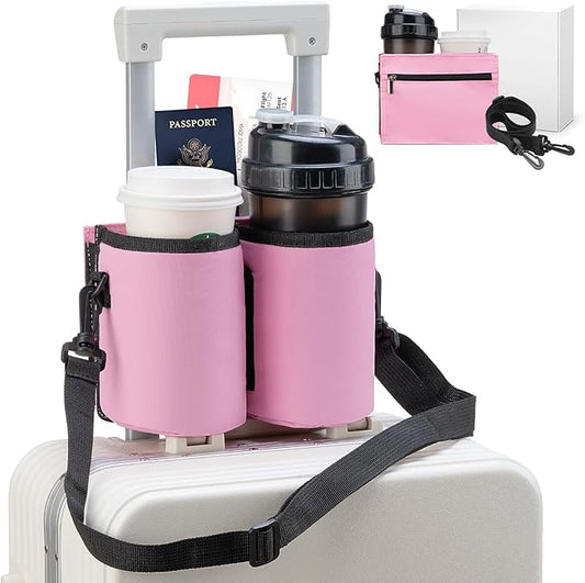 Luggage Cup Holder Travel Drink Bag Luggage Drink Caddy with Shoulder Strap, Thermal Insulation and Zipper Pocket, Travel Accessories Gifts for Flight Attendants, Fits Roll on Suitcase Handles (Pink)