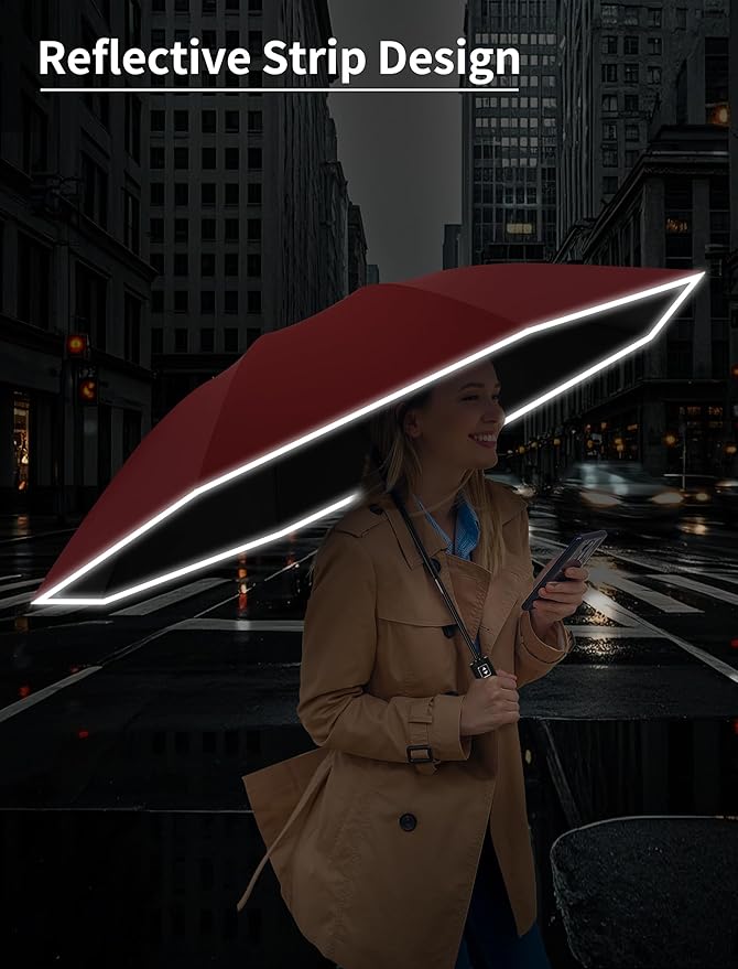 Seniny Inverted Travel Umbrella Compact - Windproof Umbrellas for Rain with Reflective Strip, Large UV Umbrella for Sun Protection, Automatic Portable Umbrellas Fold in Reverse for Car, Backpack