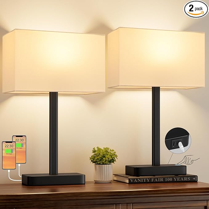 Hong-in Touch Lamps for Bedroom - 3-Way Dimmable Bedside Lamps Set of 2 with USB C+A, White Modern Table Lamp for Night Stands, Desk Lamp for Living Room Nightstand End Tables Bed Side