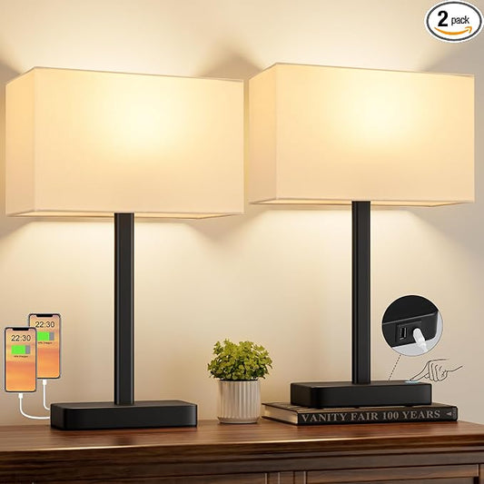Hong-in Touch Lamps for Bedroom - 3-Way Dimmable Bedside Lamps Set of 2 with USB C+A, White Modern Table Lamp for Night Stands, Desk Lamp for Living Room Nightstand End Tables Bed Side