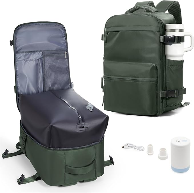 VECAVE Vacuum Travel Backpack with Pump for Women, Personal Item Carry on Backpacks Flight Approved for Men,Laptop Waterproof Work Compression bags Casual Daypack(Green)