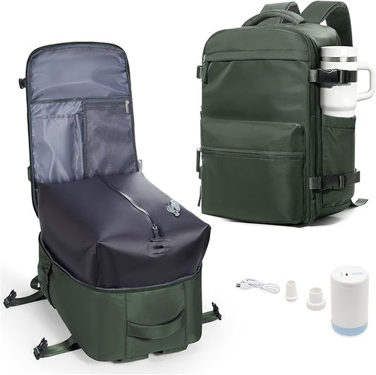 VECAVE Vacuum Travel Backpack with Pump for Women, Personal Item Carry on Backpacks Flight Approved for Men,Laptop Waterproof Work Compression bags Casual Daypack(Green)