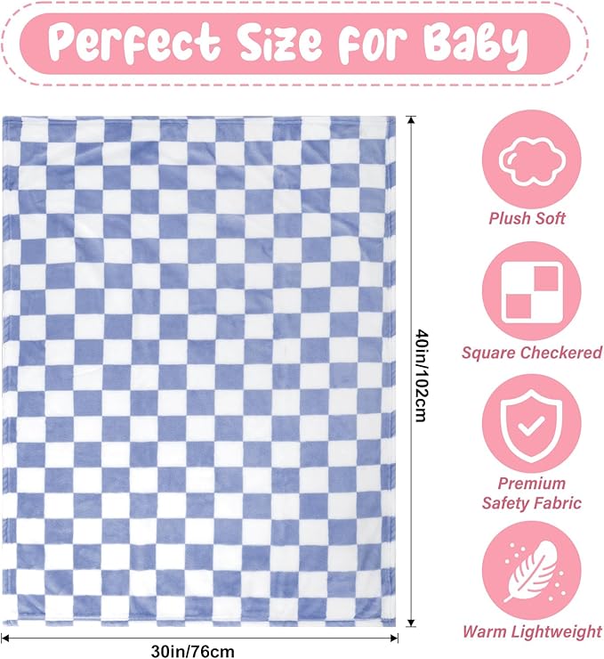 Plush Checkered Baby Blanket for Boys Girls Nursery, 30"*40" Warm Short Fleece Blanket Neutral for Infant Newborn, Small Fuzzy for Sleeping, Chenille or Stroller (Dark Blue&White)