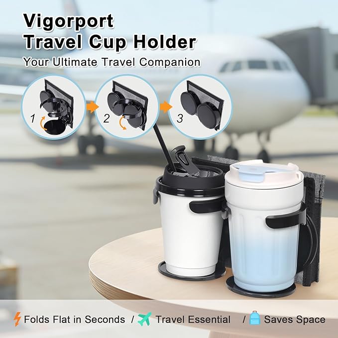 Vigorport Luggage Travel Cup Holder, Folding Cup Holder, Drink Caddy for Suitcases - Hold Two Coffee Mugs Traveler Carry on Hands Free Accessory