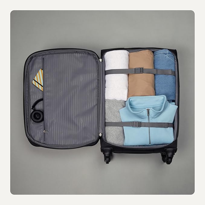 Amazon Basics 23" Medium Checked Softside Luggage Suitcase with Spinner Wheels, Expandable Space, Zippered Pockets, Telescopic Handle, Black