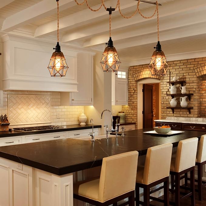 3-Light Hanging Light with Plug in Cord,Plug in Pendant Light 22ft Hemp Rope Pendant Lighting Vintage 3-Light Hanging Lamp Fixtures for Kitchen Island Living Room Bedroom