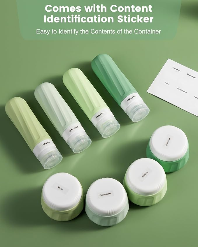 Travel Size Toiletries 8 Pack, TSA Approved 3oz Silicone Squeeze Bottles & Cream Jars with Clear Travel Bag