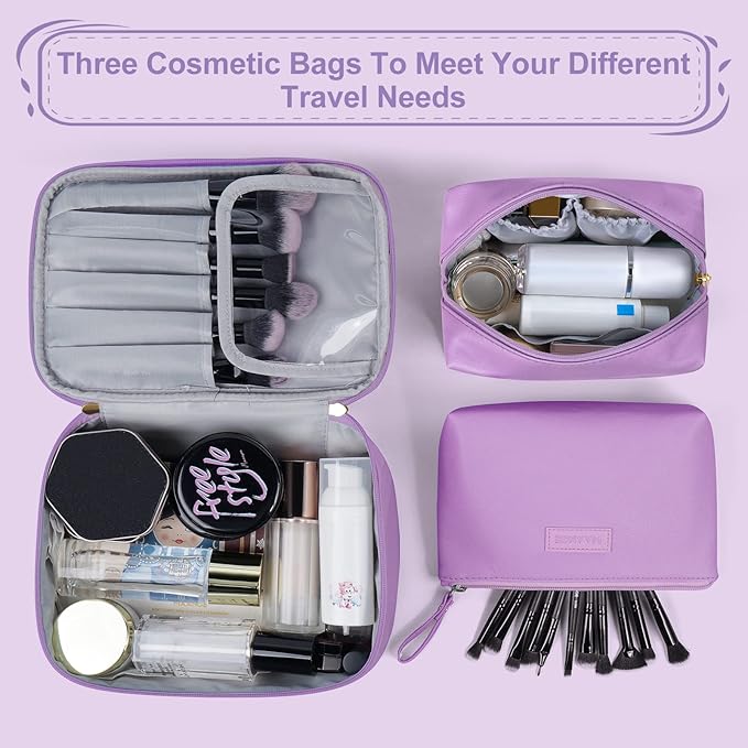 MAANGE Travel Makeup Bag - Large Makeup Bag with 2pcs Small Makeup Bag Portable Leather Cosmetic Bag Toiletry Bag Make Up Bags for Women and Girls (Purple)