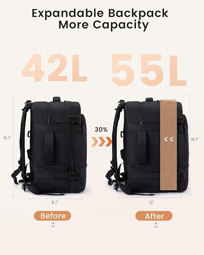LOVEVOOK Travel Backpack for Women & Men, Carry On Backpack with Cup Holder, Personal Item Travel Bag Flight Approved with Padded Laptop Compartment, Weekender Daypack With 2 Cubes, 18 Inch Black
