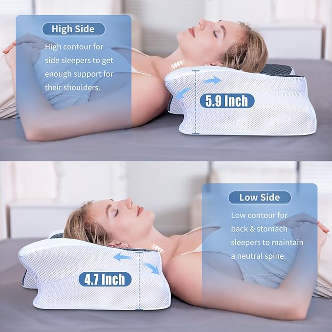 SAHEYER Cervical Neck Pillow, Memory Foam Pillow for Neck Pain Relief and Snoring, Ergonomic Pillow for Side Sleeper, 2 in 1 Orthopedic Pillow for Back and Stomach Sleeper, White