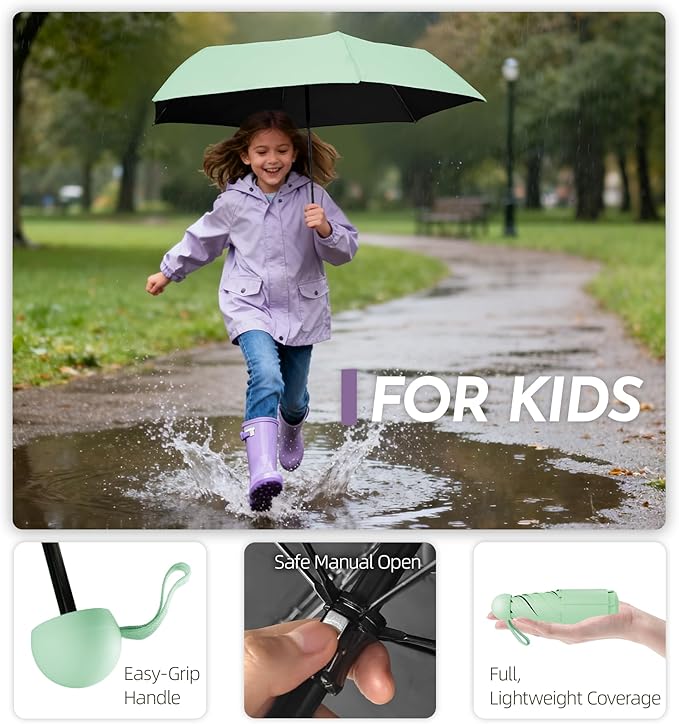 Travel Mini Umbrella Compact Small & Lightweight, UV Rain Protection, Pocket-Sized Folding Umbrellas with Quickdraw & Case for Men Women & Kids Backpack