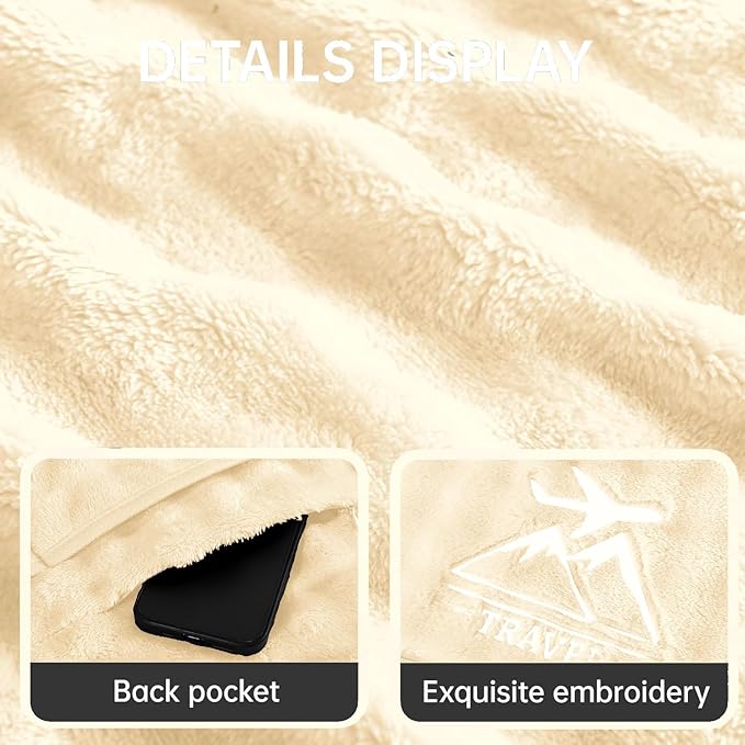 Travel Blanket and Pillow-2-in-1, Ultra-Soft&Compact, Airplane Blanket with Hand Luggage Belt and Backpack Clip,Travelers Accessories Gifts, 61x43 Inches（White）