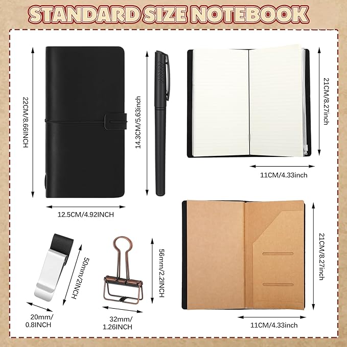 Thenshop Travelers Refillable Leather Journal Notebook Travel Diary Handmade Passport Travelers Journal for Men and Women with 3 Notebook Inserts, Pen Holder, Binder Clip(Black,Stand Size)