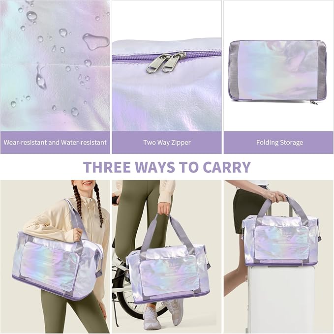 IwIeIaIrI Weekender Overnight Bags for Women Men,Waterproof Lightweight Foldable Gym Duffel Dance Bag for Girls Kids Women Weekend Travel with Laser Color (Purple)