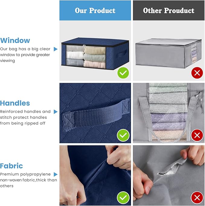 HomeHacks Storage 4-Pack Clothes Organizer Storage Bags Foldable Storage Box with Large Clear Window Sturdy Handles for Closet, Dorm, Pillows, Bedding, Clothes, Blankets, 35L, Blue