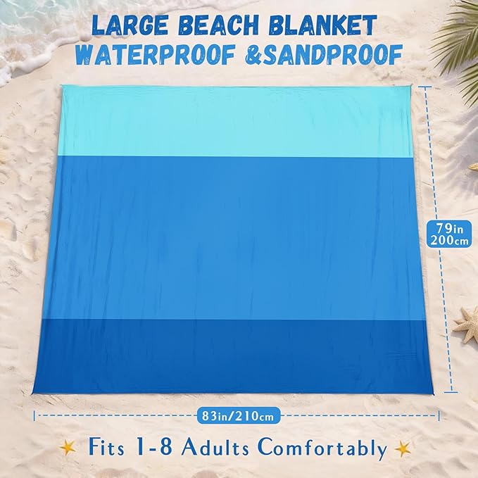 AlphaBeing Beach Blanket Waterproof Sandproof, Extra Large Beach Mat for 1–8 Adults, Oversized Picnic Blanket with 4 Stakes & Storage Bag, Essential Beach Gear for Travel