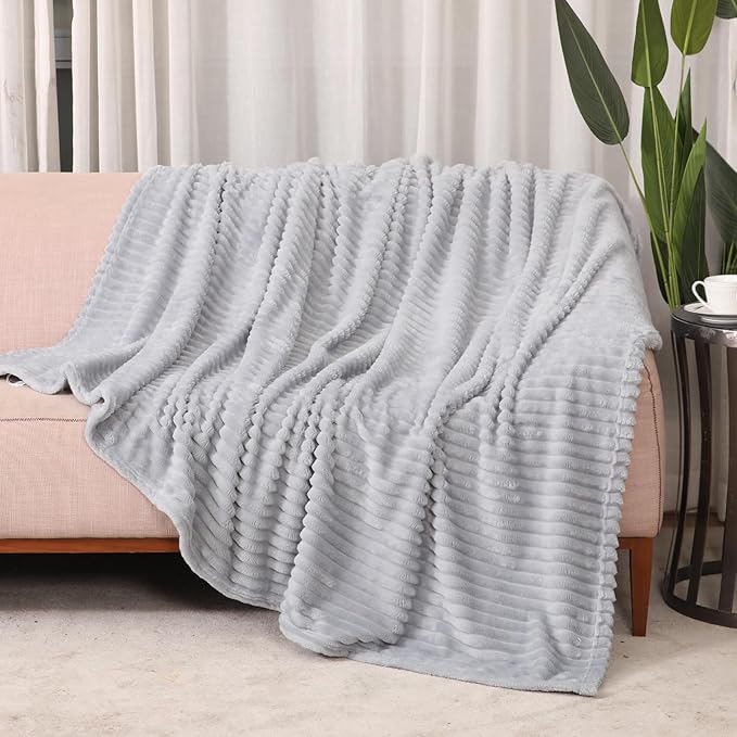 Snuggle Sac Cuddly Blanket, Fluffy Fleece Travel Throw, Blanket for Sofa, Bed, Couch, Warm and Soft Blanket with Striped Pattern, 50x60 Inches, Ash Grey