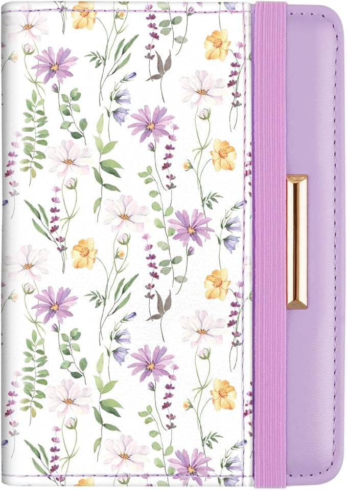 Passport Holder Cover, RFID Travel Wallet Credit Card Holder Green Cute Floral Passport Book Holders for Women with Elastic Band and Golden Metal Decoration, White Daisy