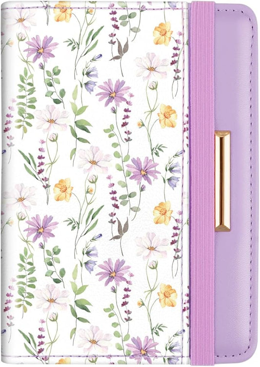 Passport Holder Cover, RFID Travel Wallet Credit Card Holder Green Cute Floral Passport Book Holders for Women with Elastic Band and Golden Metal Decoration, White Daisy