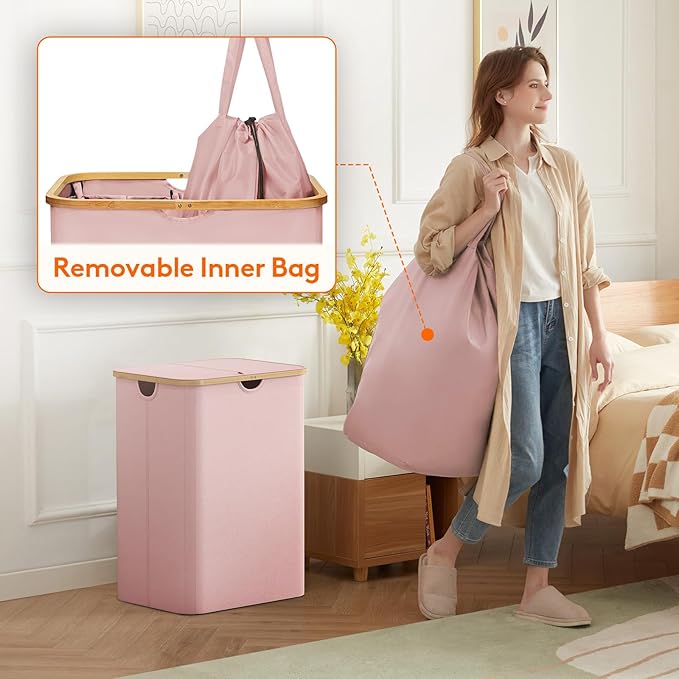 Lifewit 150L Laundry Basket with Lid, Clothes Hampers for Laundry with Bamboo Handles and 2 Removable Bag, Large Foldable Laundry Hamper for Bedroom, Bathroom, Dorm, Laundry Room, Pink