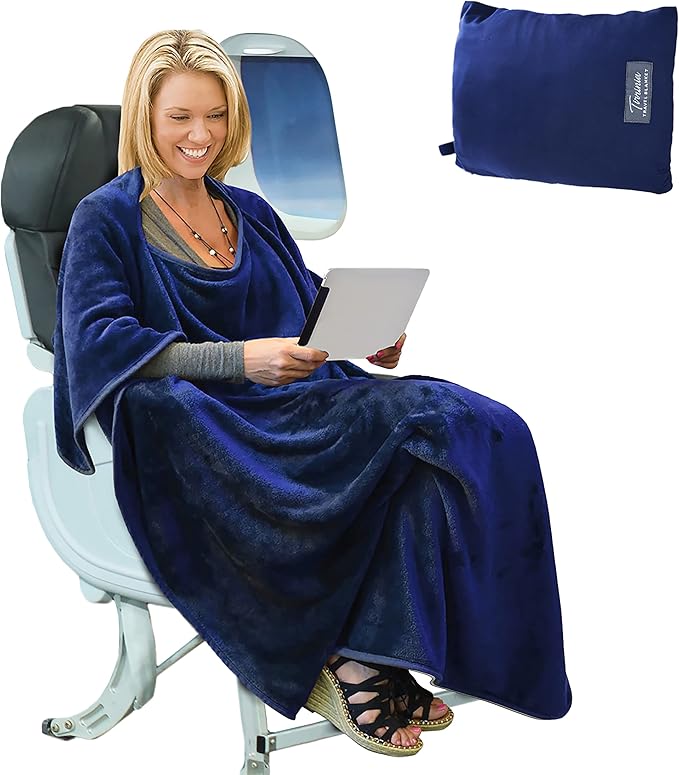 Tirrinia Travel Blanket Airplane Office Poncho 4 in 1 Premium Cozy Fleece Portable Poncho Blankets with Built-in Bag, Pocket