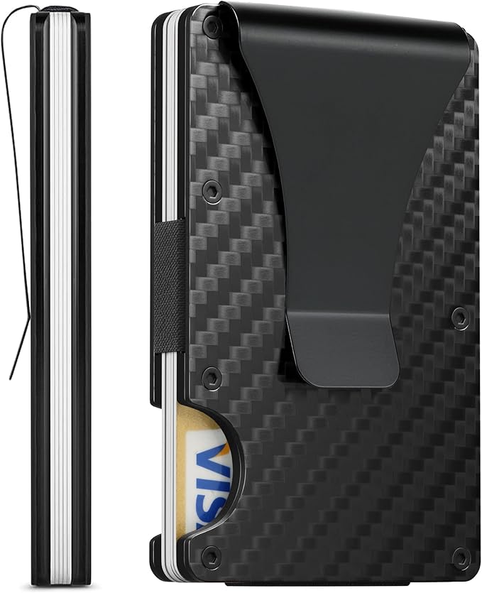 Carbon Fiber Minimalist Wallet for Men Credit Card Holder Money Clip & Cash Strap Slim RFID Mens Wallets(Matt Carbon Fiber)