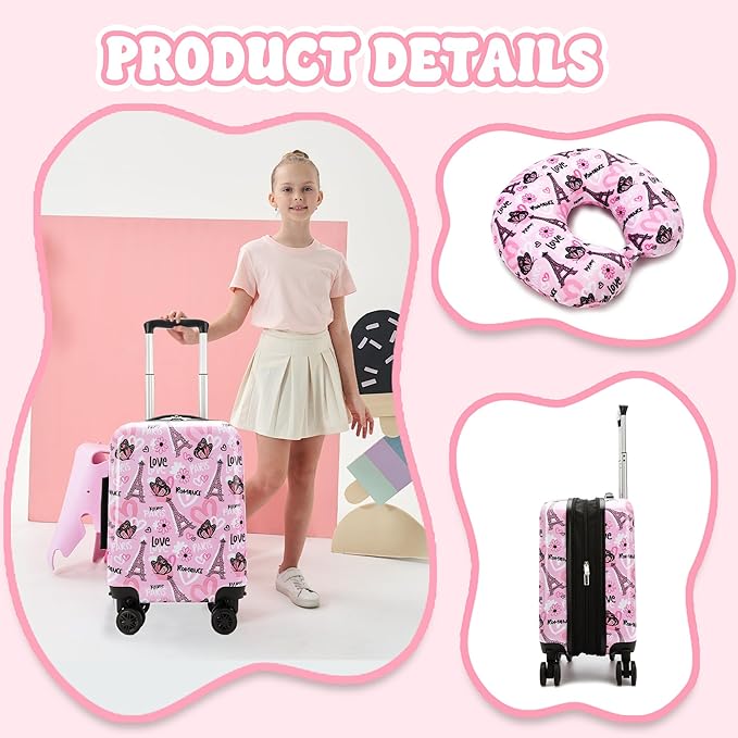 Kid's Luggage Set 5 Piece Suitcase Set 16" Hardside Luggage with Spinner Wheels Girls Carry on Toddler Travel Rolling Suitcase with Neck Pillow Airline Approved