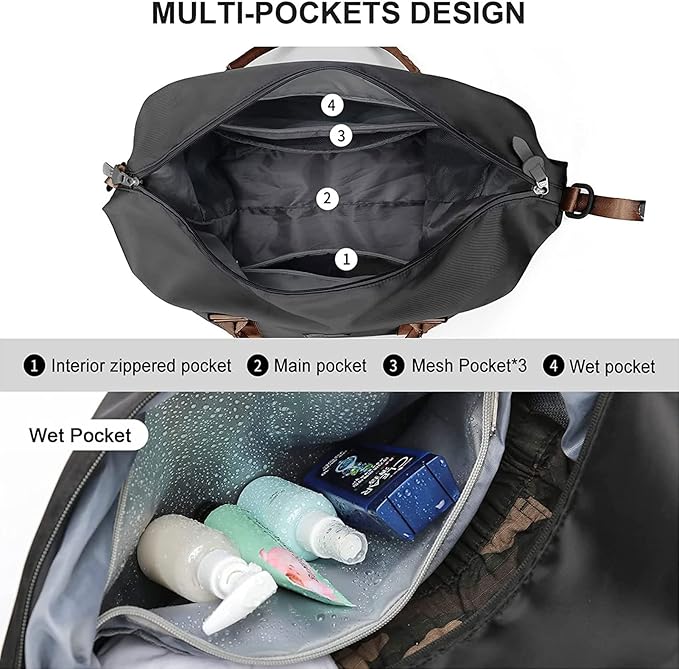 Sport Travel Duffle Bag Large Gym Tote Bag for Women, Weekender Bag Carry on Bag for Airplane, Ladies Beach Overnight Luggage Bag with Wet Pocket Black Large