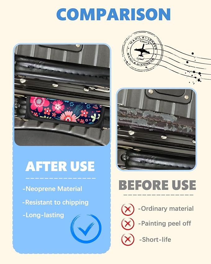 Slohif Luggage Handle Wrap 3Pcs Suitcase Identifier - Bag Strap Cover For Bogg Travel Accessories Easy Identification Bright Marker Sleeve Grips Comfort Neoprene Concealed Tag For Airport, Flower