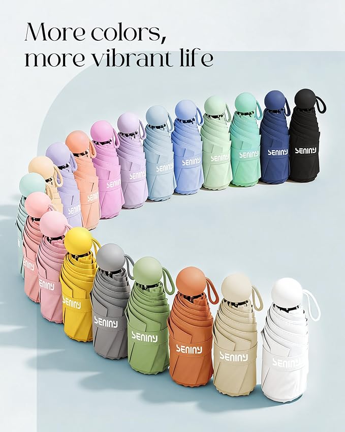 Seniny Mini Portable Travel Umbrella with Case - Compact Umbrellas for Rain & Sun UV Protection for Backpack Pocket, Lightweight Folding Small Umbrella, Tiny Purse Size UV Blocker for Kids Women Girls