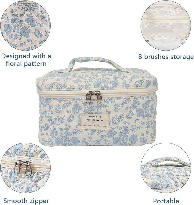 Large Makeup Bag, Cute Cosmetic Bag for Women Girls, Floral Coquette Aesthetic Toiletry Bag, Travel Make Up Organizer Bag (Green Dog Print
