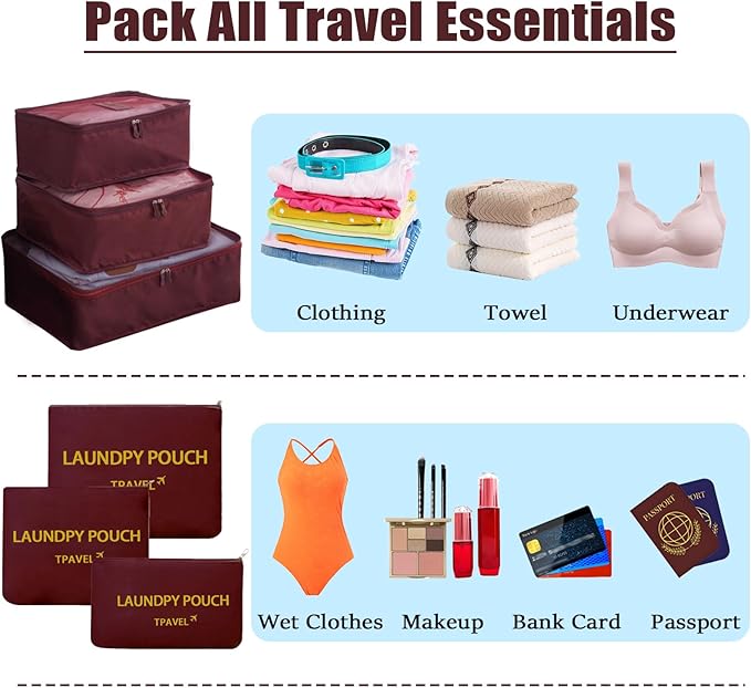 6 Set Packing Cubes for Travel Luggage Packing Bags Reusable Waterproof Suitcase Organizer Bags Set with Shoe Bag and Toiletry Bag (Wine Red)