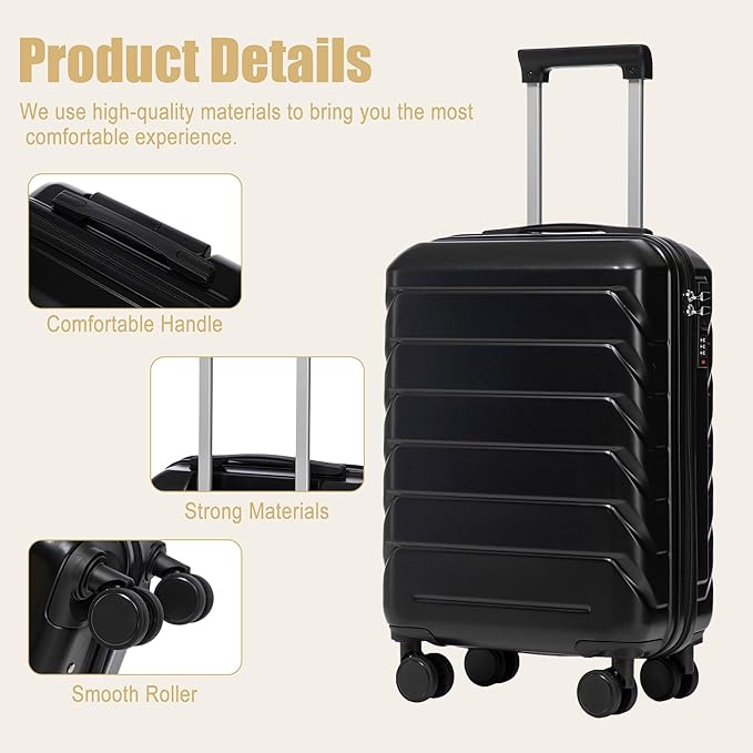 20 Inch Carry On Luggage, Lightweight ABS Hard Shell Suitcase with Spinner Wheels, Durable Travel Luggage with Combination Lock & Side Hooks for Men Women, Black
