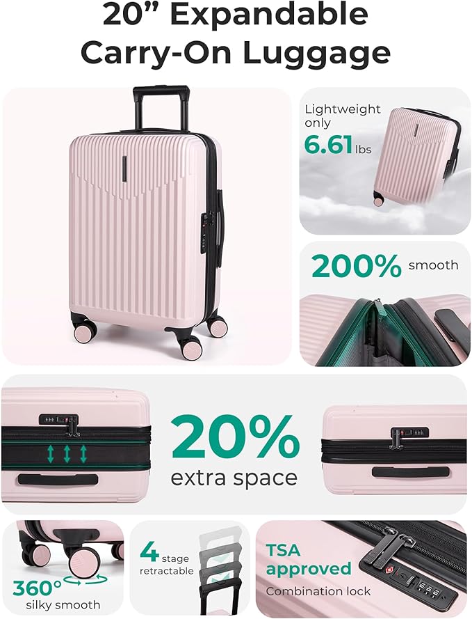 BAGSMART Carry On Luggage 22x14x9 Airline Approved with Spinner Wheels,100% PC Hardside Expandable Luggage with TSA Lock for Trips, 20 Inch Rolling Suitcases for Men Women,BlackPink