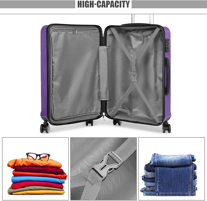 Kono 20" Carry on Luggage with Spinner Wheel TSA Lock, Lightweight PC+ABS Hardside Luggage Durable Small Carry on Suitcase Purple