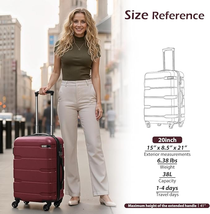 Coolife Carry On Luggage 22x14x9 Airline Approved Hardside PC+ABS Suitcase with TSA Lock, Lightweight Rolling Travel Luggage with Spinner Wheels(Radiant Pink, 20in)