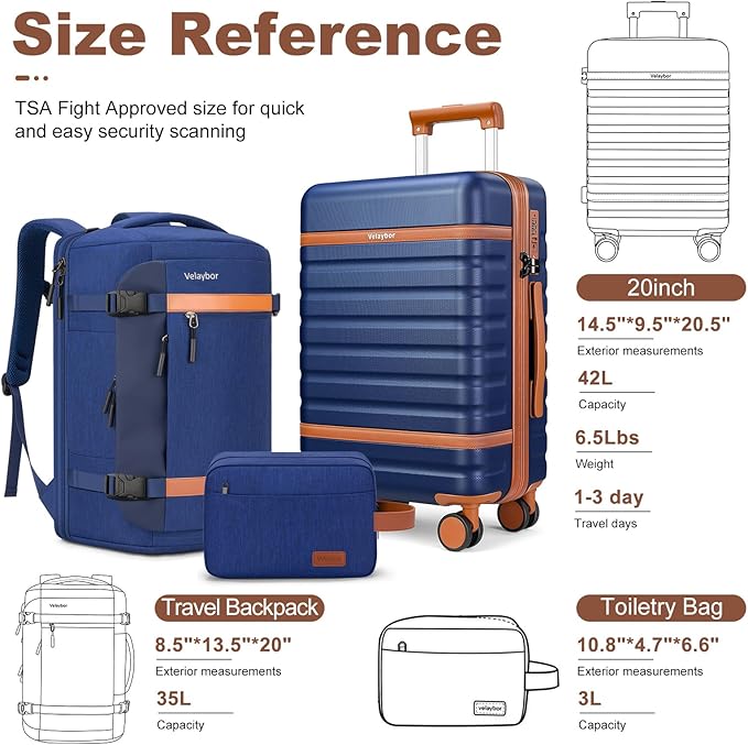Luggage Sets 3 Piece with Spinner Wheels, Lightweight PC Hardside Suitcase with TSA Lock & YKK Zippers, 20 Inch Carry On Luggage with Travel Bag for Men and Women, Blue