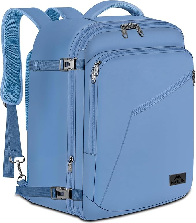 MATEIN Big Backpack for Travel, Carry on Backpack for Airlines with Hide Away Shoulder Straps, Large Hiking Daypack with 2 Handles, Gifts for Traveler Women, Light Blue