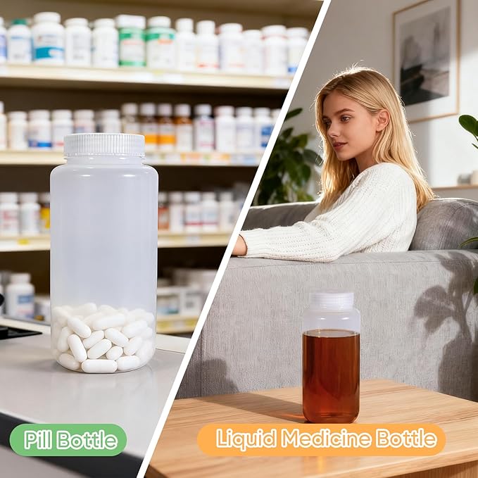 DEMORA 32 oz Plastic Bottles with Lids, Airtight Refillable Wide Mouth Travel Bottles for Toiletries, PP Food Grade Plastic Containers for Liquids Pill Water Sample Lab Reagent (Clear, 2 Pcs)
