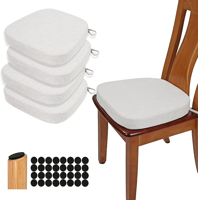 BUYUE Thickened 2.5" Dining Chair Cushions Set of 4, U-Shape High Density Foam Comfortable Chair Pads for Kitchen, Slip Resistant Indoor Seat Cushions (4 PCS, Light Gray)