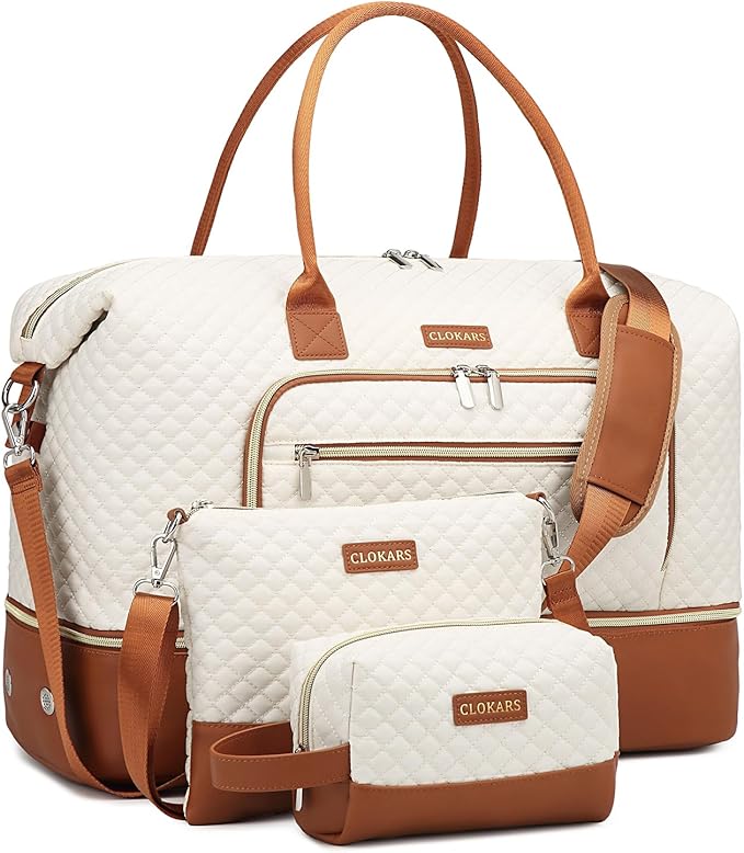 Large Women Travel Duffle Bag, Weekender Bag Overnight Bag with Shoe Compartment, Carry on Bag with Crossbody Purse for Over Night, Weekend, Yoga, Gym, Business Trips, Hospital, Beige Brown