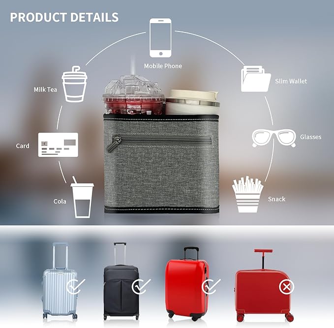 Travel Luggage Cup Holder, Liveagain Drink Caddy, Luggage Cup Holder Attachment, Free Hand Suitcase Drink Carrier for Drinks Beverages, Coffee, Bottles, Snack (Gray)