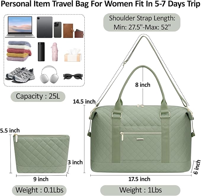 Quilted Travel Duffle Bag for Travel Women with Toiletry Bag, Large Weekender Bags for Women Carry on Duffel Overnight Bag, Waterproof Travel Tote Bags for Sports, Weekender, Business, Green