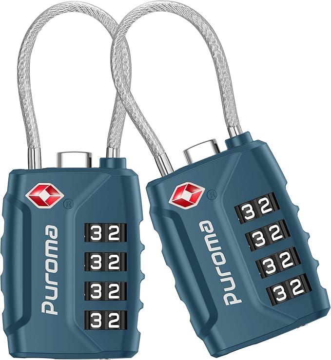 Puroma 2 Pack TSA Approved Luggage Locks, 4 Digit Combination Travel Cable Locks Resettable Code Lock with Zinc Alloy Body for Suitcase, Toolbox, Backpack, Bag, Gym Locker (Basic Blue Peacock)